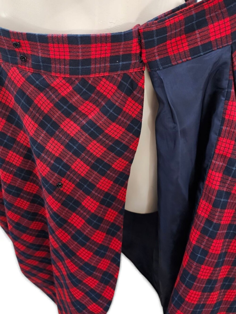 ALEXANDER McQUEEN McQ Wool Blend Red Blue Tartan Plaid Pleated Wrap Skirt 46/12 - Picture 5 of 9